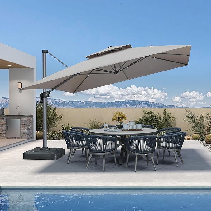 PURPLE LEAF 12FT Sunbrella Patio Umbrella Outdoor Double Top Large Offset Hanging Cantilever Umbrella 360° Rotation Square Umbrella for Garden Deck Pool Backyard Cast Ash