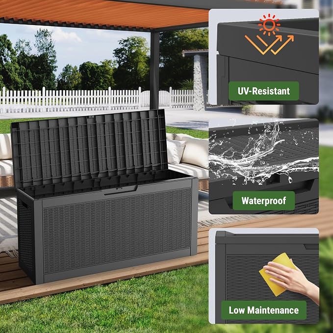 Mars Villa 60 Gallon Outdoor Storage Bench, Deck Box Waterproof Outside Resin Storage Bin for Outdoor Patio Furniture Cushion, Pool Supply, Garden Tool, UV-Resistant and Weatherproof, Rattan Black