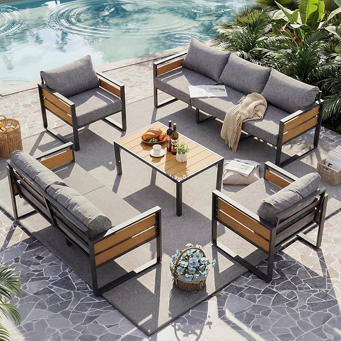 Furnimart Patio Furniture Set, 5-Piece Metal Outdoor Sectional, 7-Seat Patio Conversation Set with Deep Seating, Thick Cushions & Coffee Table for Backyard, Porch & Deck, Gray