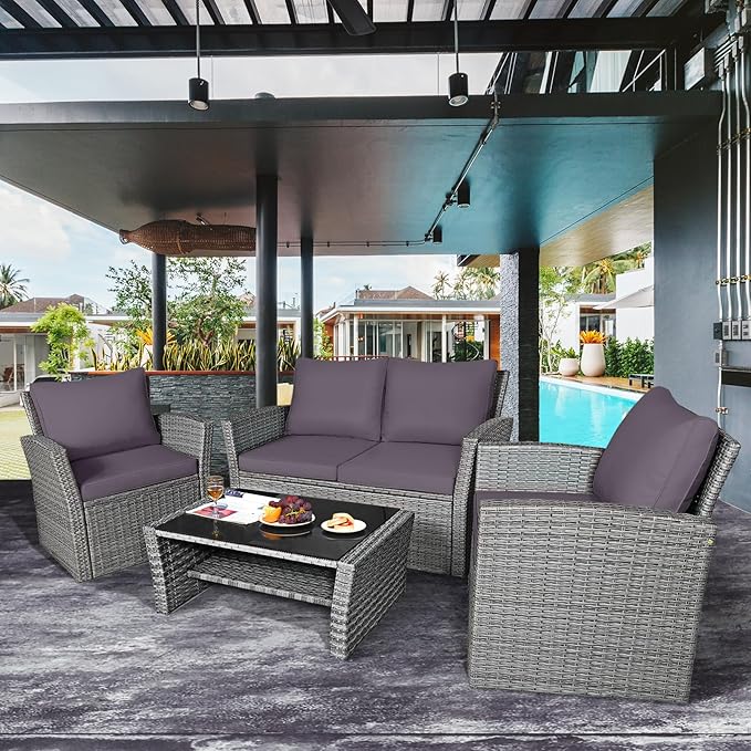 Tangkula 4 Pieces Patio Furniture Set, All Weather Outdoor Sectional Rattan Sofa Set with Cushions & Tempered Glass Table, Wicker Conversation Couch Set for Backyard Garden Poolside