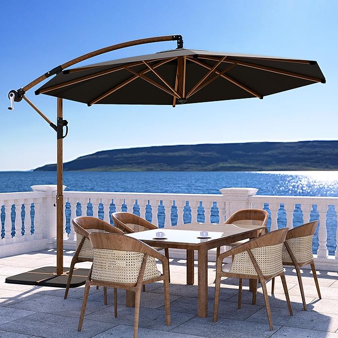 COSIEST Offset Patio Umbrella, Cantilever Hanging Outdoor Umbrella w/360-degree Rotation, Handy Crank, UV/Waterproof Canopy, 6 Ribs for Market, Backyard, Poolside, Garden