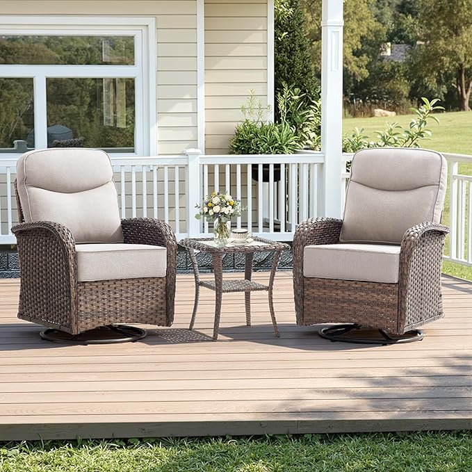 Luxury Wicker Patio Furniture Set with 6-Inch Thick Cushions, 3 Pieces Outdoor Swivel Rocker Patio Chairs Set of 2 with Rattan Side Table, Outdoor Patio Conversation Sets for Garden Deck, Beige