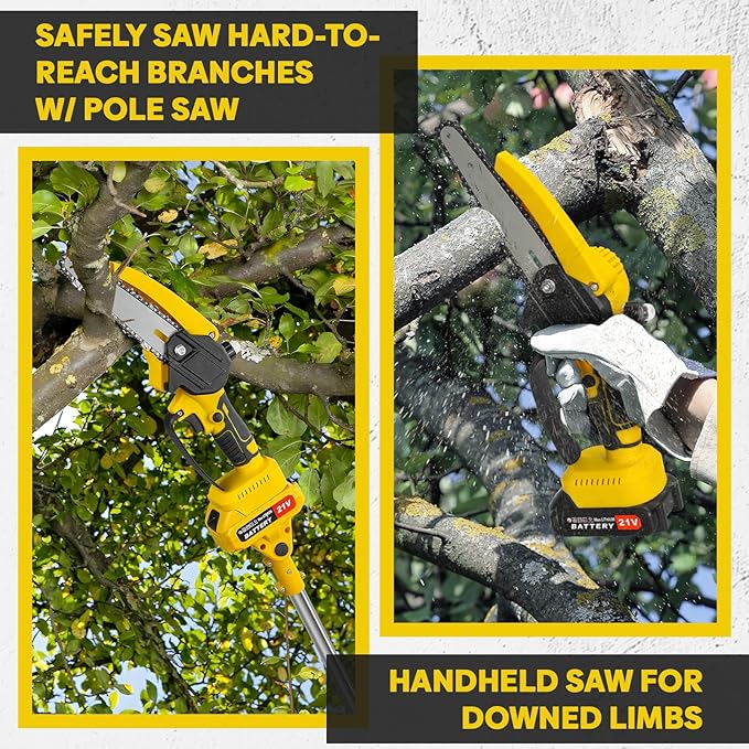 2-in-1 Electric Pole Saws for Tree Trimming, 6 Inch Mini Chainsaw Cordless with Extension Pole, Battery Powered Pole Chain Saw, Tree Trimmer Limb Branch Cutter Pruner with 2 Battery & Charger (Yellow)