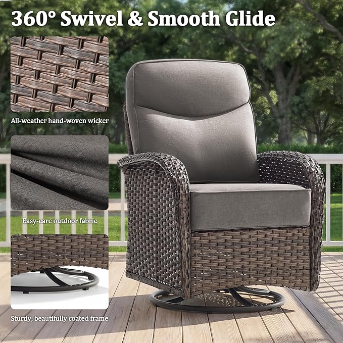 Outdoor Swivel Rocking Chair Patio Set (9pcs) High-Back - Thick Cushion Swivel Rocking Chair Patio with Fire Table Set, All-Weather Wicker Patio Furniture Set, Suitable for Balcony Patios, Brown/Gery