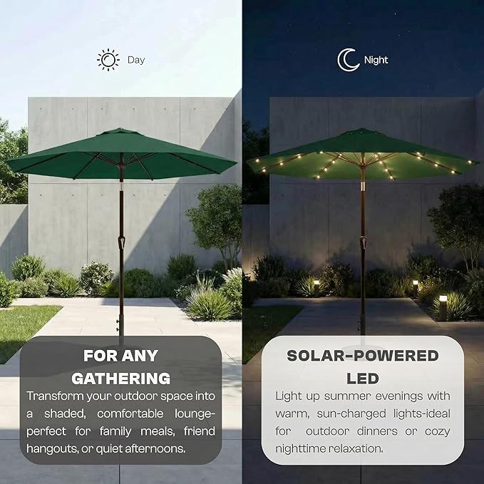 10FT Solar Lighted Patio Umbrella, Outdoor Table Market Umbrellas with Push Button Tilt and Crank, 32 LED Lights, 8 Sturdy Ribs, UV-Resistant for Deck, Garden, Pool