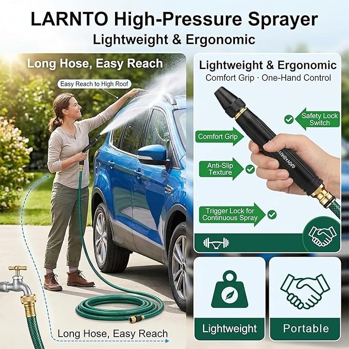 High Pressure Sprayer, Larnto High Pressure Hose Nozzle, Adjustable High Hose Nozzle, Home High-Pressure Car Wash Water, Suitable for Watering Flowers, Vegetables and Washing Vehicles