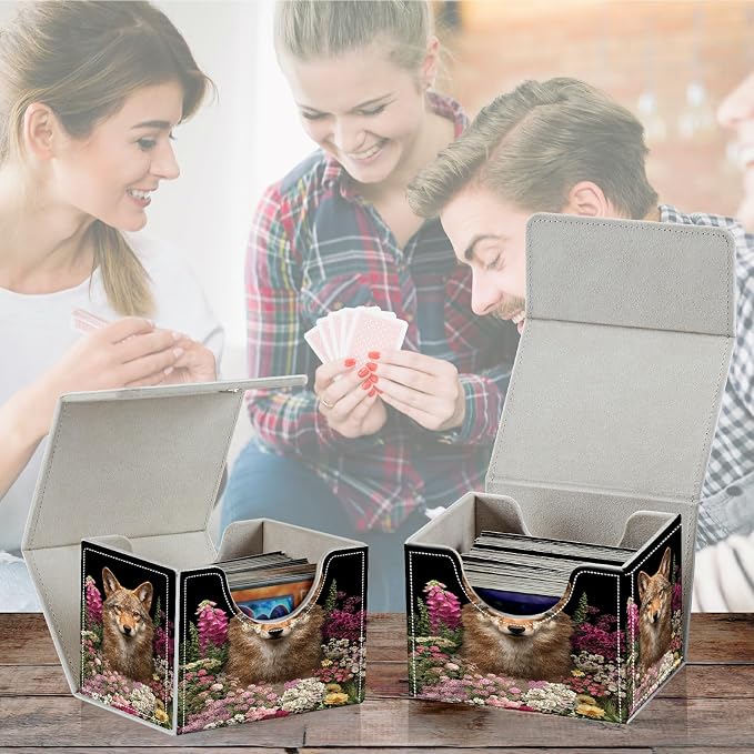 Card Deck Box for MTG, Cards Storage Box Fits 120+ Sleeved, Leather Small Size Strong Magnetic Closing Card Case for Board Games Magic TCG CCG Baseball Collection, Flower Wolf