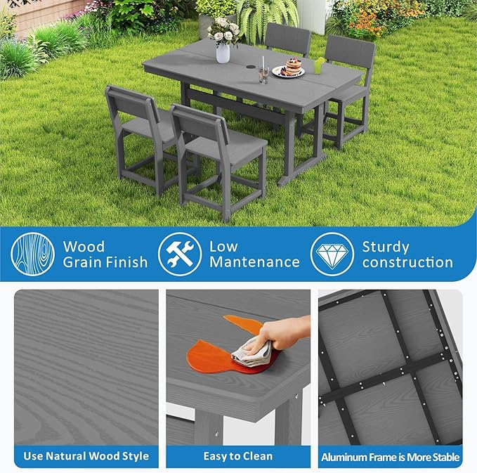 5-Piece HDPE Outdoor Patio Dining Set,Modern Plastic Dining Sets，Patio Table and Chairs Set with Umbrella Hole Cut-Out Table and 4 Chairs Gray