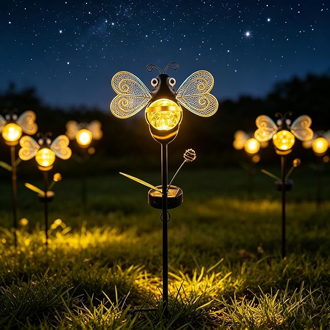 Solar Bee Garden Stakes Lights Outdoor Waterproof 2 Pack Metal Garden Stakes Decorative Bee Decor for Outside Yard Lawn Patio Decorations Whimsical Solar Lights Outdoor Gardening Gifts for Women