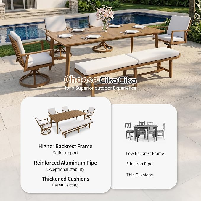 6-Piece Outdoor Table Set with 4 Swivel Chairs & 3-Person Bench, 8-Person Outdoor Rectangular Dining Table with Umbrella Hole, Patio Table Set with Chairs for Garden Backyard Proch, Teak