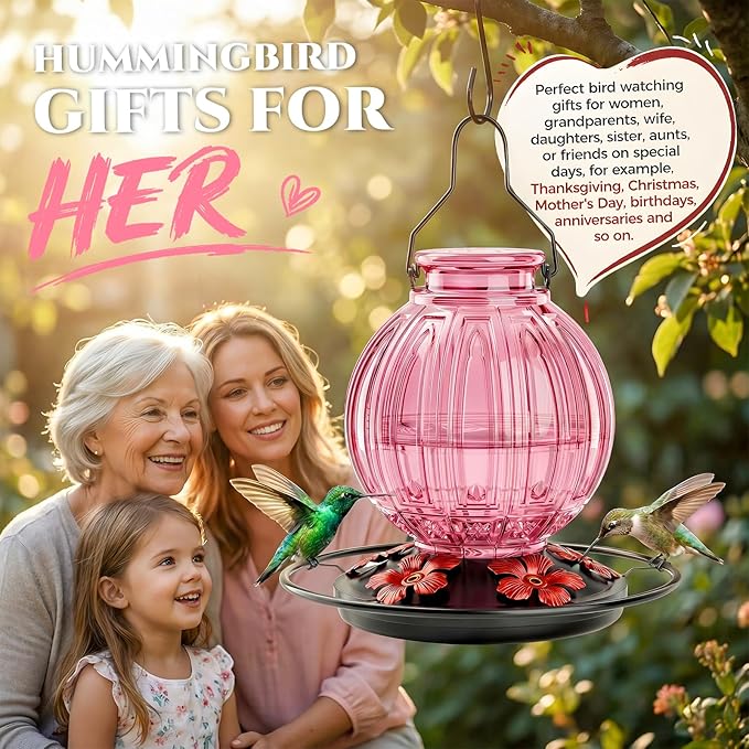 Glass Hummingbird Feeder for Outdoors Hanging, Bird Nectar Feeder with Perch & 5 Flower Feeding Ports, 26 Oz Leak Proof for Outside Garden Decor Backyard, Gifts for Women Mom, Pink