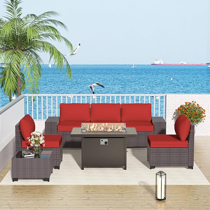 Patio Furniture Set 7 Pieces Outdoor Furniture Patio Conversation Set w/43in Aluminum Gas Fire Pit,PE Rattan Wicker 7 Pcs Outdoor Sofa Set w/55000 BTU Propane Fire Pit Table,Red