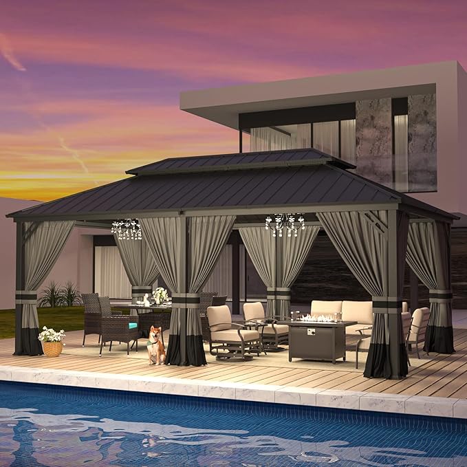 ALAULM 12'x20' Hardtop Gazebo, Outdoor Double Roof Canopy with Netting and Curtains, Galvanized Metal Frame, Sunshade for Patio, Backyard, Deck and Lawns-Gray