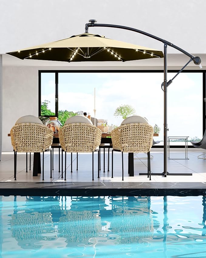 10FT Cantilever Patio Umbrella with Solar LED Lights - Heavy Duty 2-Tier Square Aluminum Offset Outdoor Umbrella, 360° Rotation for Poolside, Backyard, Deck Outdoor Use, Tan