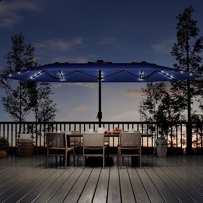 15FT Extra Large Double-Sided Patio Umbrella with Solar LED Lights – Heavy-Duty Rectangular Outdoor Market Umbrella, Fade-Resistant UV Canopy, Included Base for Backyard, Pool, Deck, Garden – Beige/Mist Blue