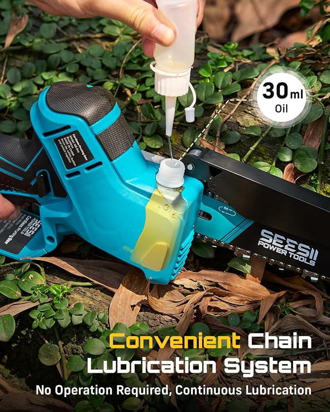 SEESII Brushless Mini Chainsaw 6 Inch, Handheld Saw with 2 * 2000 mAh Batteries, Cordless Chainsaw with Automatic Oiler, Compatible with Makita 18V Battery, Electric Saw for Tree Limb Branch Cutter