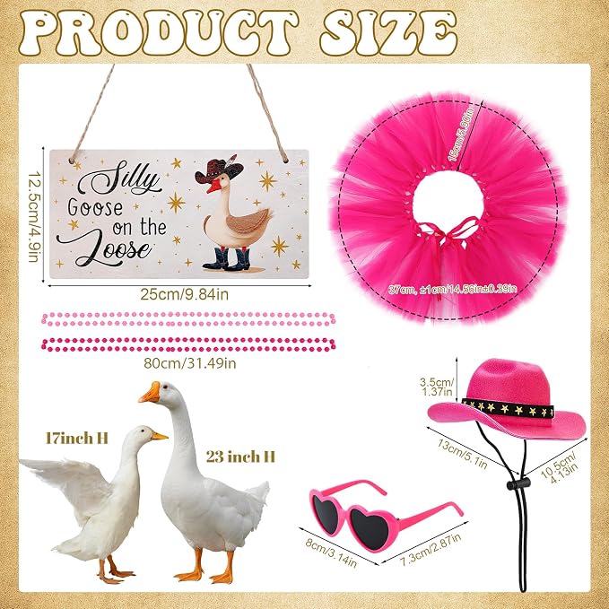 6pcs Hot Pink Western Cowboy Porch Goose Outfits for 17-23 Inches | Tutu Skirt Cowboy Hat Glasses Necklaces Wooden Sign for Outdoor Garden Lawn Art Decor