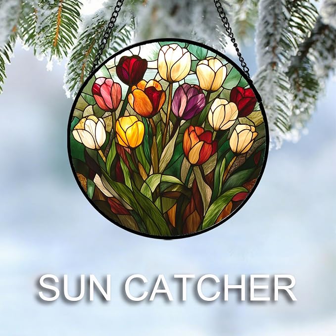 Stained Glass Window Hanging Colorful Tulip 6.3" - Flower Suncatcher Door Garden Sun Catcher Home Plant Decor Birthday Mother's Day for Mom Woman Friend Nana Colleague