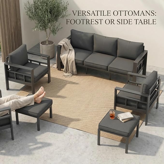 UDPATIO Aluminum Outdoor Furniture Set with 2 Ottomans and Fire Pit Table, 7 Pieces All-Weather & UV-Resistant Patio Sectional Sofa Set for Deck, Backyard, Poolside, Dark Gray