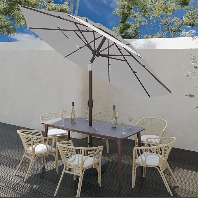 9FT 3 Tiers Patio Umbrella With Auto Tilt And Crank, Outdoor Table Market Umbrella with 8 Sturdy Ribs for Garden, Lawn, Deck, Backyard and Pool