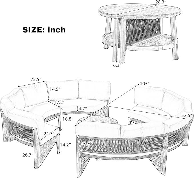 3-Piece Outdoor Patio Furniture Sectional Sofa Set, 2 Semi-Circle Sofas with Coffee Table, All-Weather Acacia Wood Conversation Set with Cushions for Garden Backyard Balcony, Freely Combined