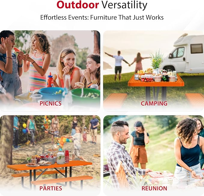 Leisure Craft Metal Picnic Table with Bench - 8 ft Rectangle Outdoor Dining Table with Umbrella Hole, Heavy Duty Thermoplastic Coating, ADA Compliant, Commercial Grade Furniture Made in USA - Orange