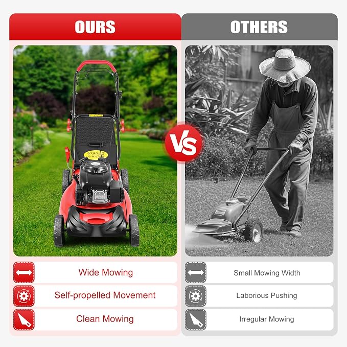 140cc Gas Powered Self Propelled Lawn Mower - Easy to Start,20”Adjustable Height Multi Functional Gas Push Lawnmower with Eight Gears for Yard Garden, Self-Propelled Rear Wheel System Red