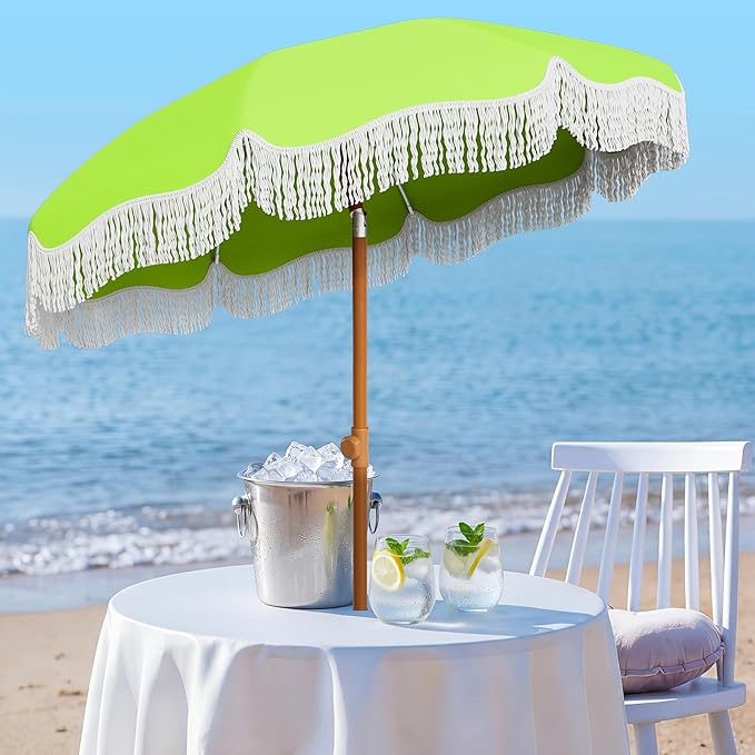 AreShark 7ft Patio Umbrella with Fringe, UPF50+ Beach Umbrella for Table, Pool & Garden, Portable Outdoor Tassels Umbrella w/Fiberglass Ribs&Push Bottom Tilt(Apple Green)