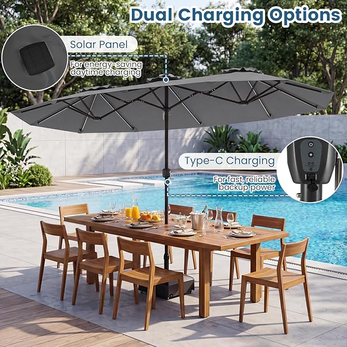 Tangkula 13 Ft Solar Patio Umbrella, Double-Sided Extra Large Outdoor Market Table Umbrella with Multi-Colored Flowing LED Lights, Crank Handle, 12 Sturdy Ribs for Poolside, Garden & Backyard (Gray)