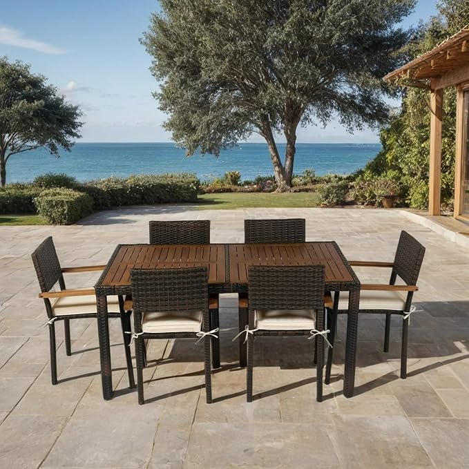 7 Piece Outdoor Patio Dining Set Wicker Furniture Set with Acacia Wood Top Brown Rattan and Cream Cushions 6 Seater Garden Dining Set for Backyard Deck