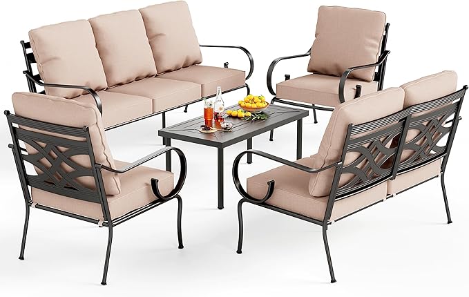 PHI VILLA Extra Large Metal Patio Furniture Sets, All-Weather Steel Frame Heavy Duty Patio Conversation Sets for Backyard, Porch and Garden