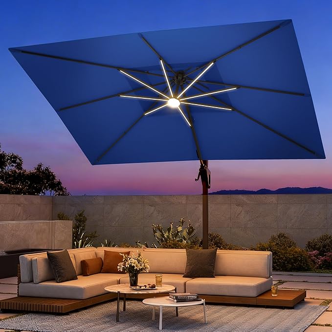 9 X 12 FT Cantilever Patio Umbrella with Led Lights and Base Included Heavy Duty Outdoor Double Top Large Rectangle Offset Umbrellas with 360-degree Rotation for Garden Pool Deck Backyard, Navy
