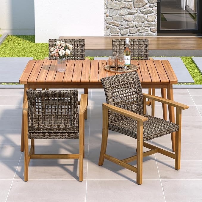 Merax 5 Piece Patio Dining Set, Outdoor Acacia Wood 63" Slatted Dinning Table and 4 Rattan Arm Chairs w/Sturdy Wood Legs for Backyard,Balcony, Garden, Poolside, Mocha+Teak