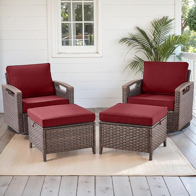 Rilyson Wicker Outdoor Patio Furniture Set - 4 Piece Patio Conversation Set with Swivel Rocker Chairs and Ottomans, Thick Cushions, High Back, Deep Seating, for Porch Deck Garden Brown/Red