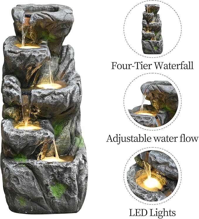 31.9'' Outdoor Garden Water Fountain with Lights Cascading Large Waterfall Floor Standing Fountain for Patio, Backyard, Deck, Porch and Home Art Decor