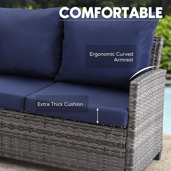 FHFO 5 Pieces Outdoor Patio Sectional Furniture Set, Wicker Patio Conversation Sofa Couch Set with Ottomans Rattan Chair and Table for Outside, Garden,Grey-Blue