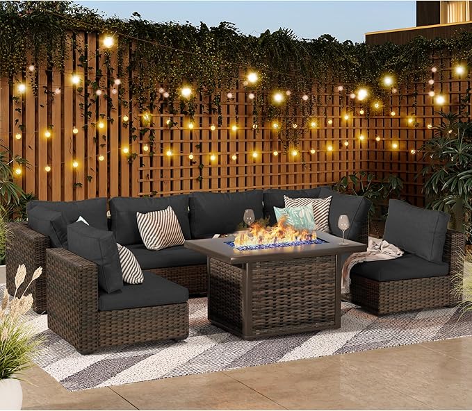 Grezone 9 Piece Patio Furniture Set with 44" Fire Pit Table, Outdoor Sectional Couch, PE Rattan Patio Conversation Sets with 4inch Cushions for Backyard Black