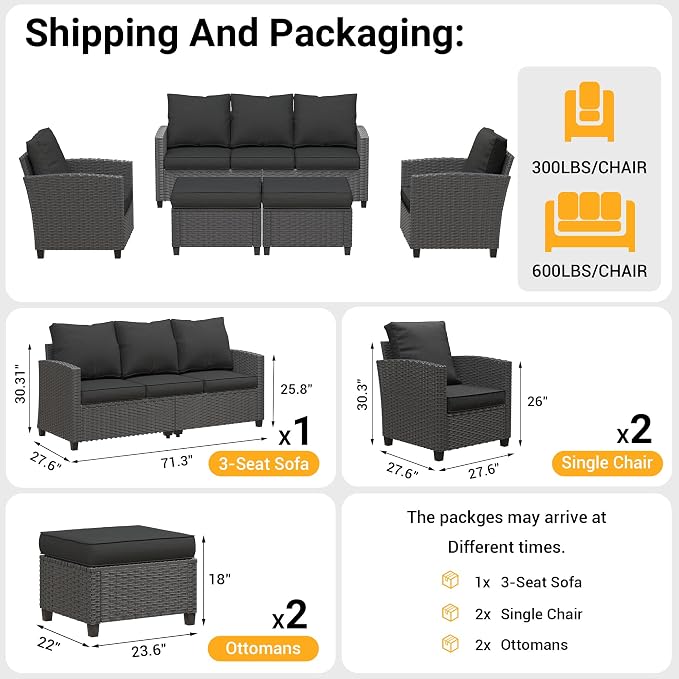 Outdoor Furniture Set, 5 Pcs Wicker Patio Couch with Chairs, Ottomans and Thick Cushions, All Weather Wicker Rattan Patio Conversation Set.Black