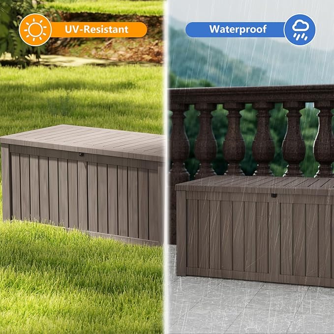 120 Gal Waterproof Outdoor Storage Deck Box, UV-Resistant & Lock Lid Resin | Heavy-Duty Large Patio Outside Cushions for Garden Tools,Pool Accessories,Package Delivery,Chest,Toys,Furniture