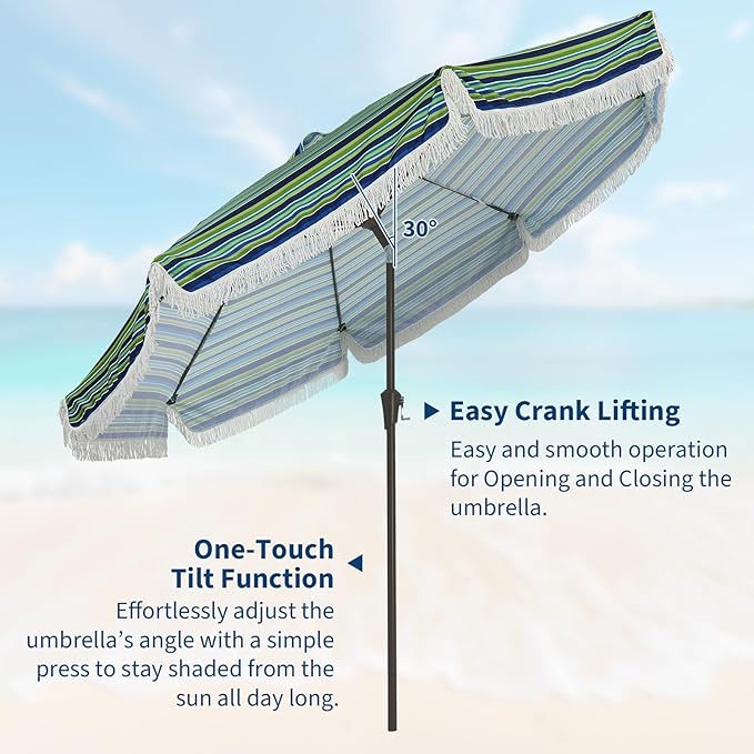 PeakPursuit 9 ft Patio Umbrella with Fringe, Tassel Outdoor Beach Umbrella for Sand with Push Button Tilt, 8 Fiberglass Ribs, UV 50+ Sun Protection for Garden, Pool, Backyard, Deck