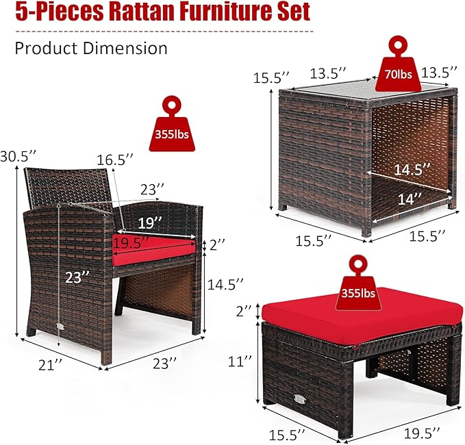 COSTWAY 5PCS Patio Rattan Wicker Furniture Set, Coversation Set with Side Table, Outdoor Cushioned Chairs with Ottomans for Backyard Deck, Red