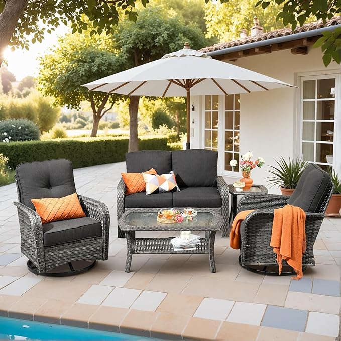 5 Pieces Outdoor Patio Furniture Set with Coffee Table, All Weather Wicker Patio Conversation Sets with Rocking Chairs, Balcony Furniture Sets for Backyard, Garden, Poolside, Black