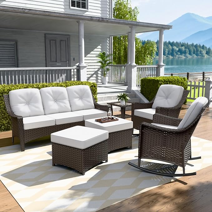 Stone Creek Outdoor Furniture Set with Rocking Chairs, 3 Seater Couch, Side Table & Ottomans, Wicker Patio Conversation Set, Balcony Furniture, 6 Piece, Brown/Beige