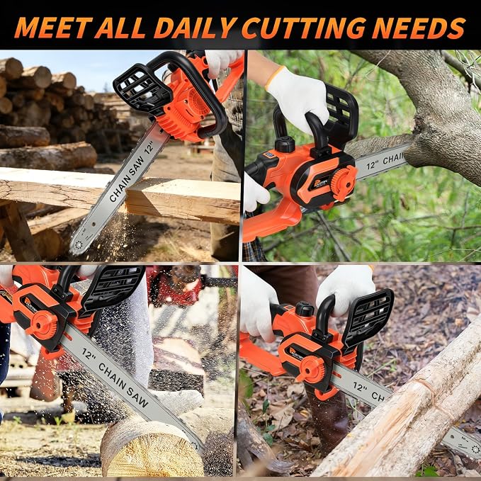 12-Inch Brushless Cordless Electric Chainsaw, Motosierra with 2 x 4.0Ah Batteries, Battery-Operated Chain Saw with 2 x Chain Guides, Handheld Battery Chain Saw for Wood Cutting& Tree Trimming