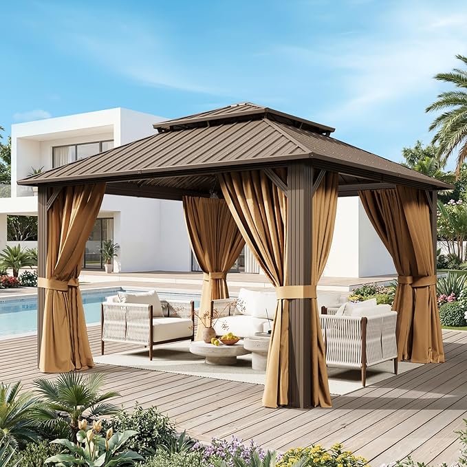 12x12FT Hardtop Gazebo, Metal Frame with Double Galvanized Steel Roof, Permanent Outdoor Pergola with Curtains and Netting Included for Backyard, Patio, Lawn and Garden, Brown