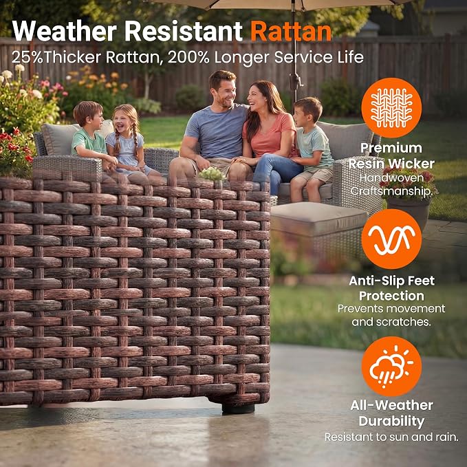 Wisteria Lane 4 Piece Patio Furniture Set, Wicker Outdoor Patio Conversation Furniture Set, All Weather Outdoor Patio Sofa with Cushion and Wood Table, Brown and Beige