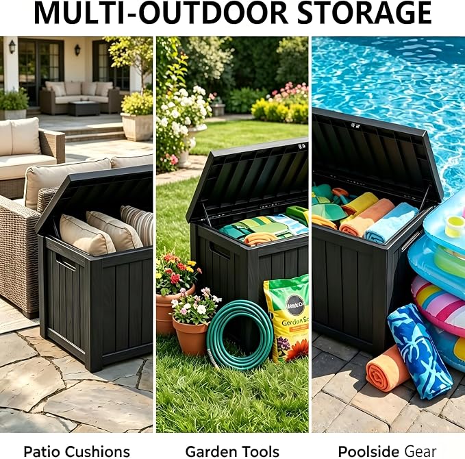 150 Gallon Resin Outdoor Storage Box for Garden Tools, Pool Supplies & Patio Cushions – Waterproof & UV-Resistant, Durable Material – Lockable (Black)