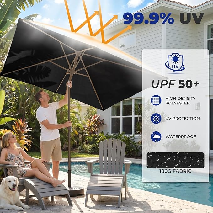BRIOPAWS 6.5X10 FT Rectangular Patio Umbrella with Base Included | Rectangle Outdoor Umbrellas | 6 Sturdy Steel Ribs | Push Button Tilt & Crank | Heavy Duty for Garden Lawn Deck Backyard Pool |