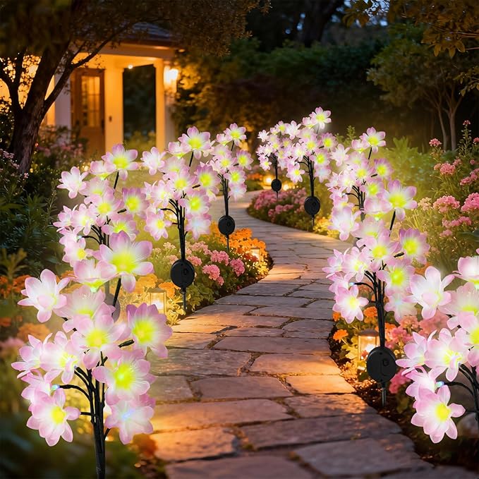 Solar Path Lights Outdoor 4 Pack, LED Camellia Flower Decor, Waterproof Auto On/Off, Bigger Solar Panel for Yard, Patio, Garden Walkway Decoration Gift for Mom (Pink)