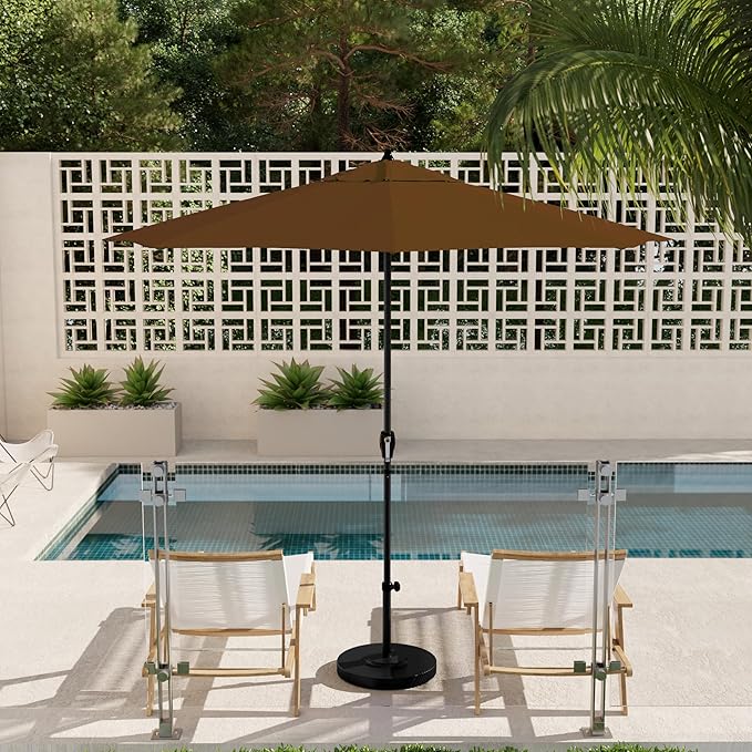 California Umbrella 12-Year Protection 9' Rd Aluminum Patio Umbrella, Crank Lift, Auto Tilt, Black Finish, Sunbrella Cocoa